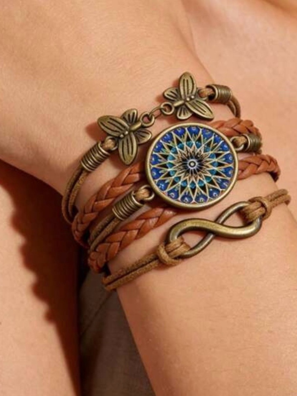 Boho Brown Leather Multi-Strand Bracelet with Blue Mandala Accent
